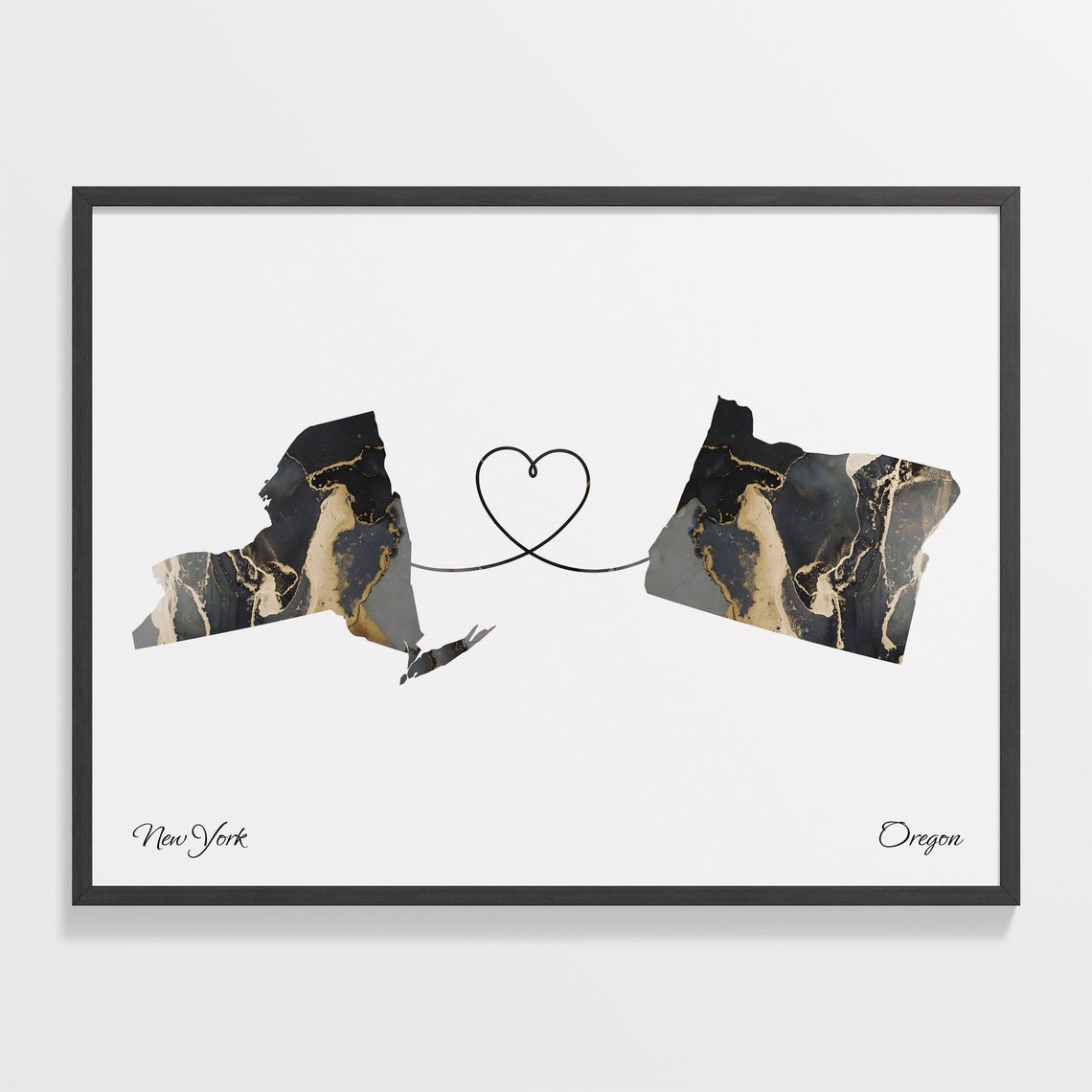 New York Oregon Marble State Map Poster Heart Line Long Distance Gift