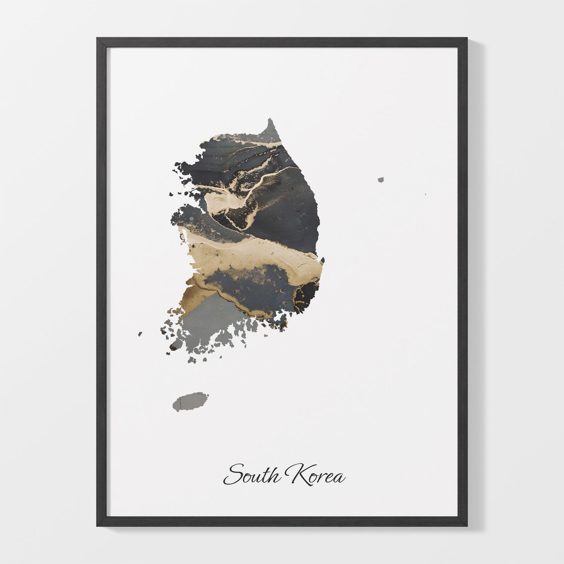 South Korea Modern Black Gold Marble Map Office Wall Decor Art Poster