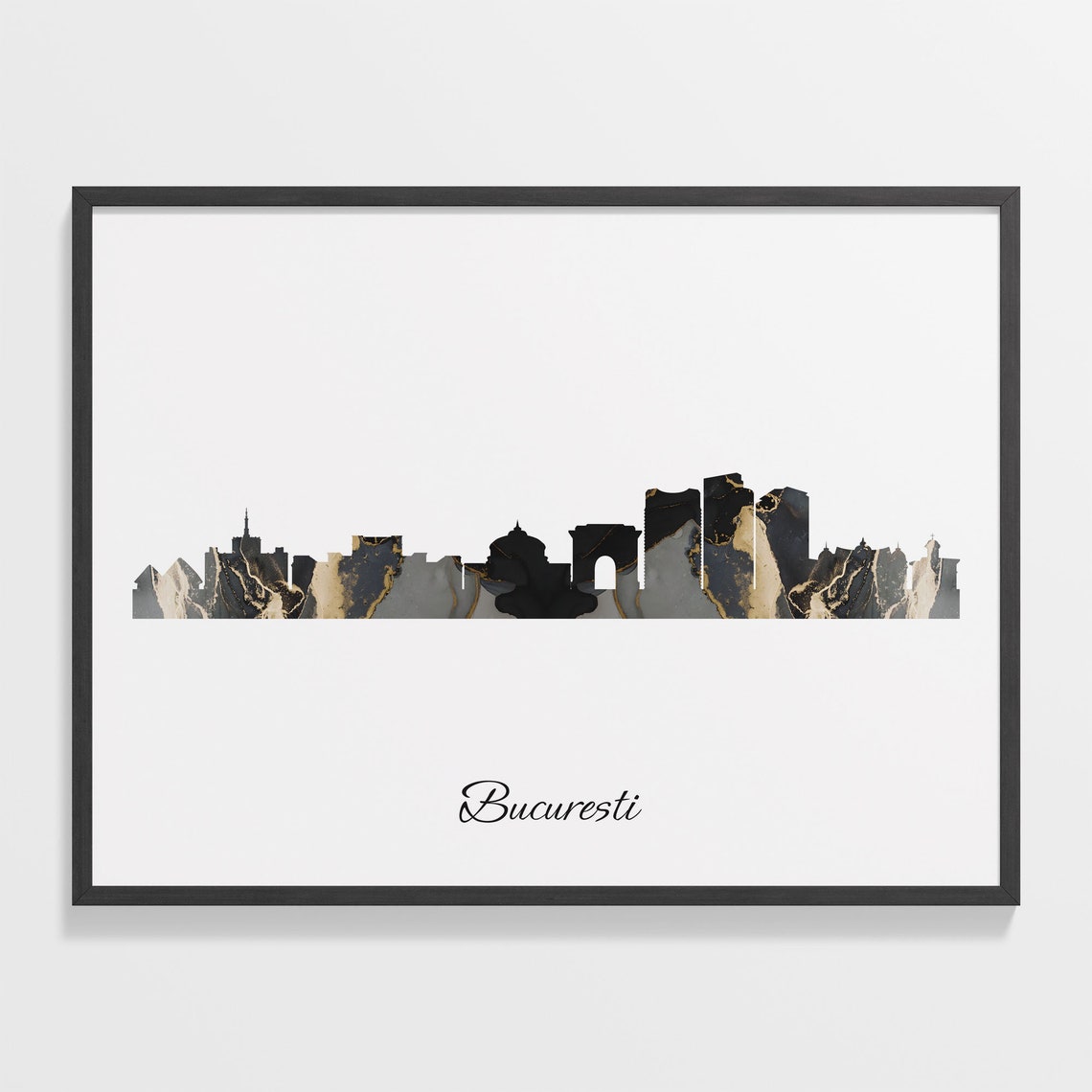 Bucuresti Romania Black and Gold Marble Skyline Silhouette Art Poster
