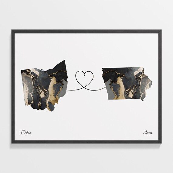 Ohio Iowa Long Distance Black Gold Marble Heart Keepsake Map Poster