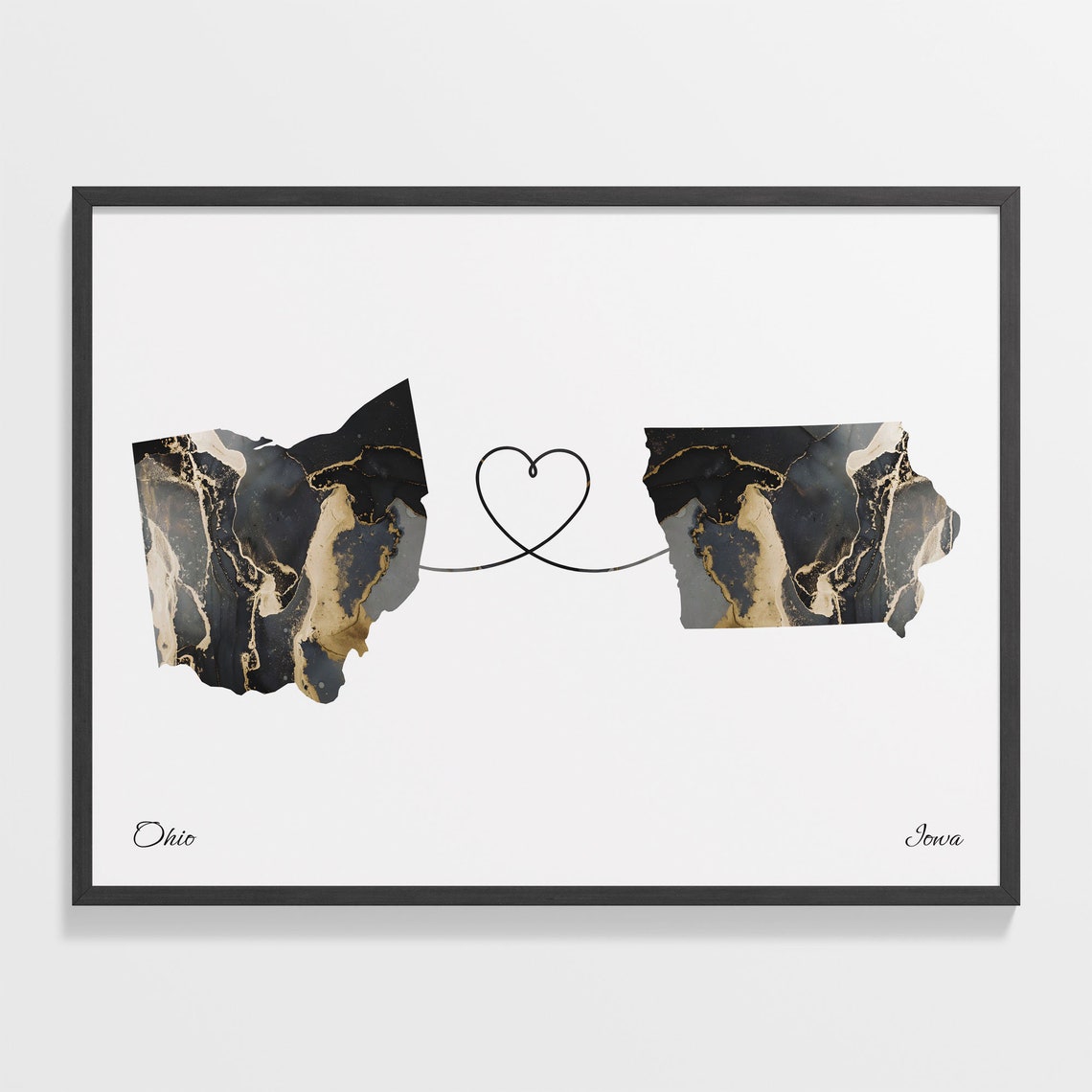 Ohio Iowa Long Distance Black Gold Marble Heart Keepsake Map Poster