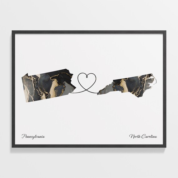 Pennsylvania to North Carolina Marble Map Heart Long Distance Poster