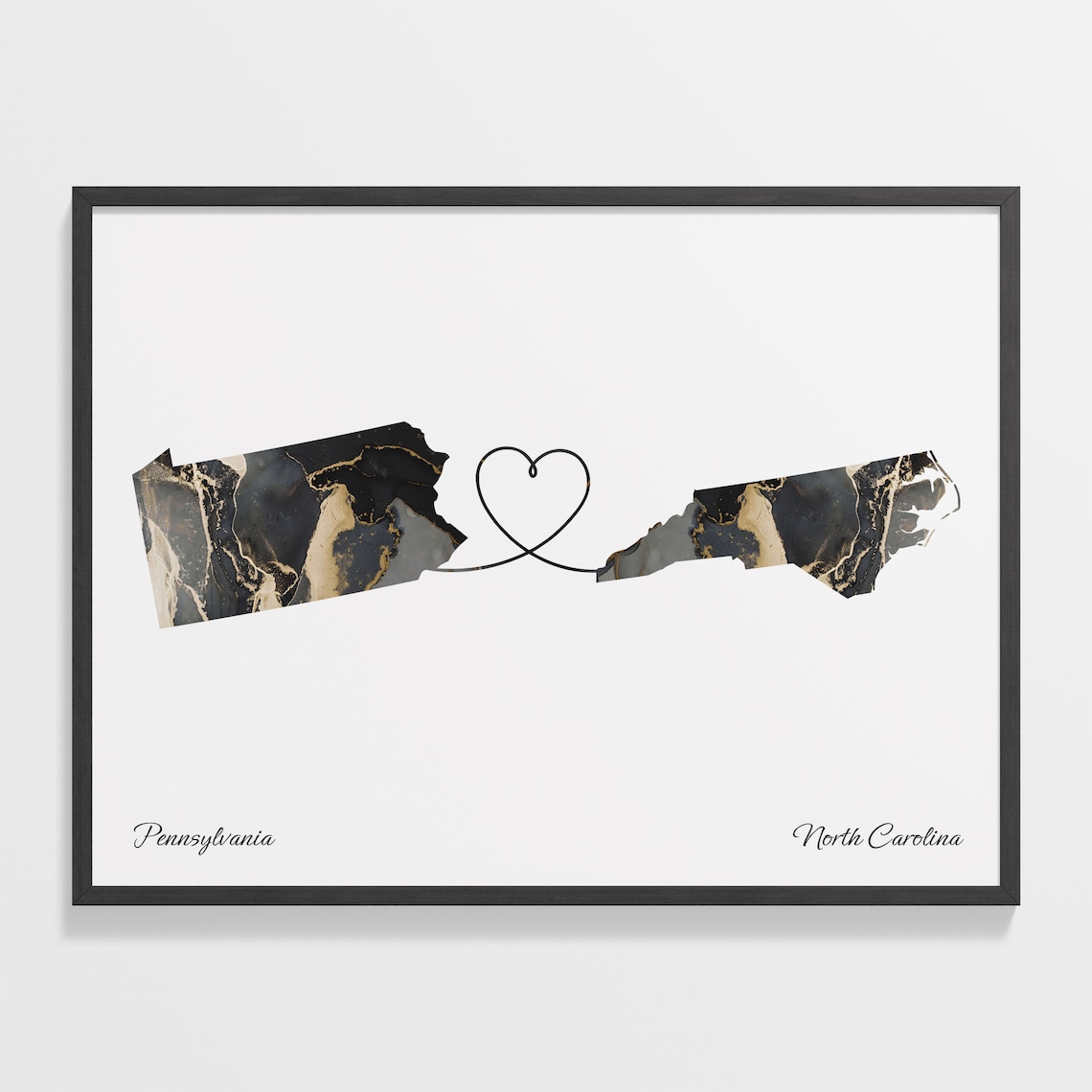 Pennsylvania to North Carolina Marble Map Heart Long Distance Poster
