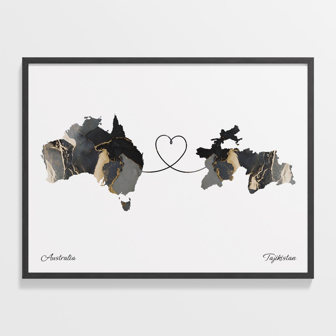 Australia Tajikistan Long Distance Love Heart Marble Map Gift Poster