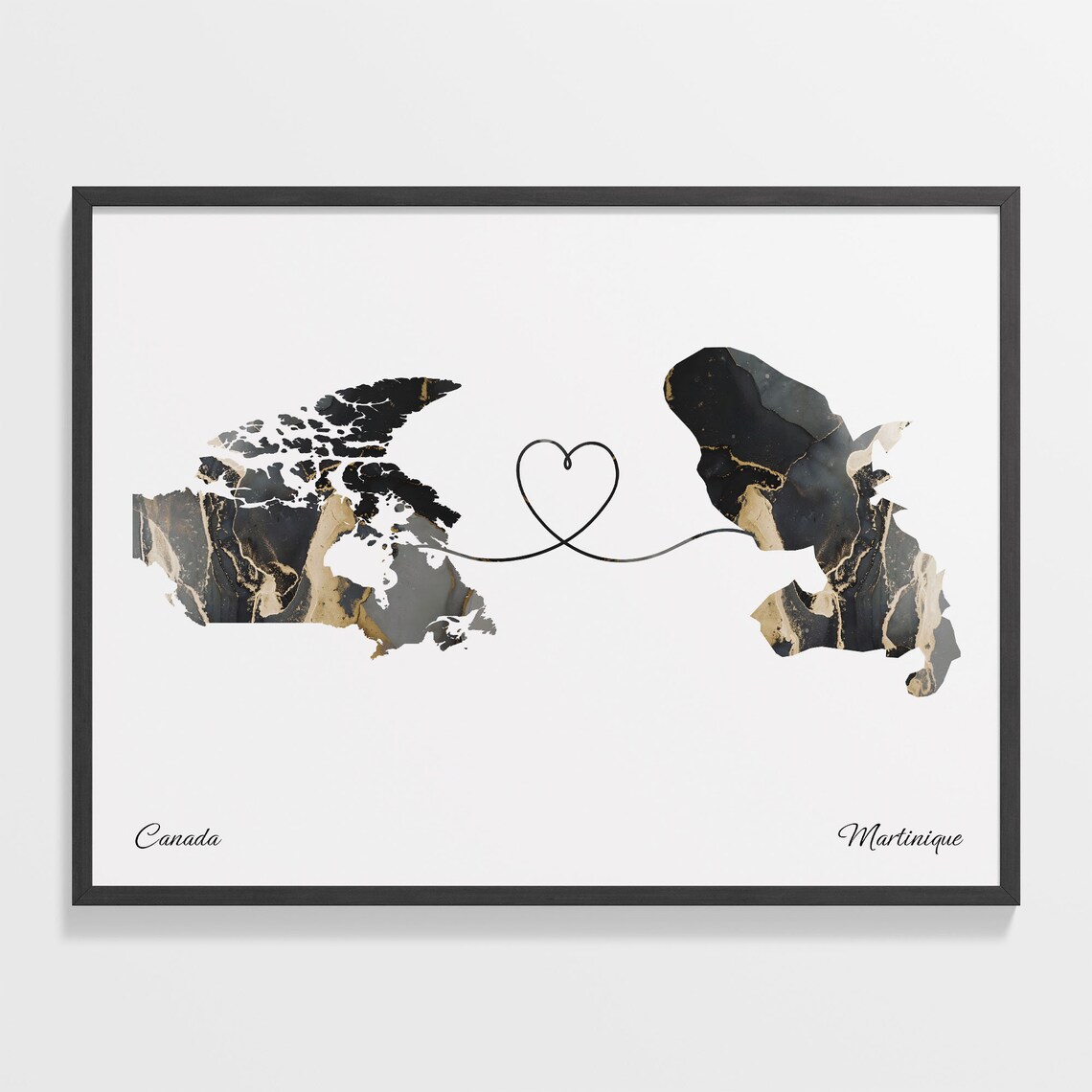 Canada Martinique Long Distance Love Black Marble Heart Map Poster