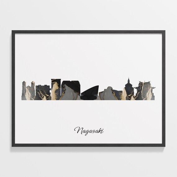 Nagasaki Japan Black Gold Marble Skyline Silhouette Cityscape Poster