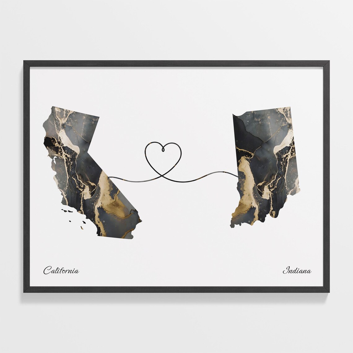 California to Indiana Black Gold Marble Map Heart Line Art Poster