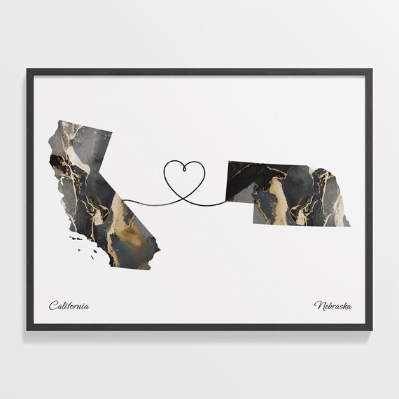California To Nebraska Long Distance Marble Map Heart Print Art