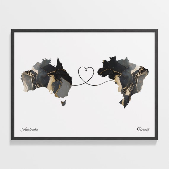 Australia To Brazil Map Poster, Travel Art