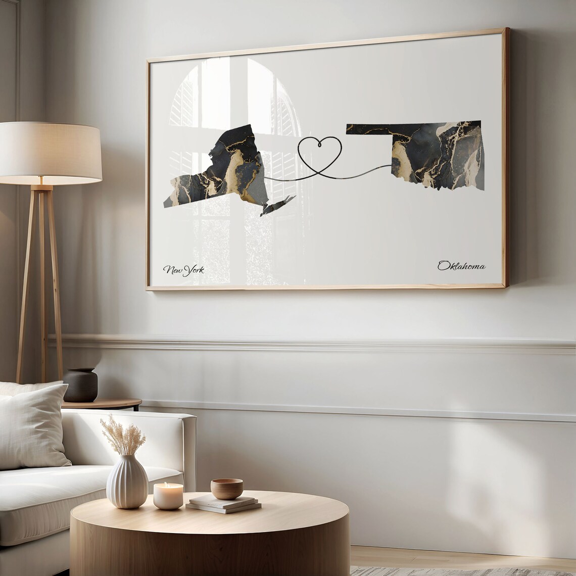 New York Oklahoma Marble State Map Poster Heart Line Moving Gift - Image 2