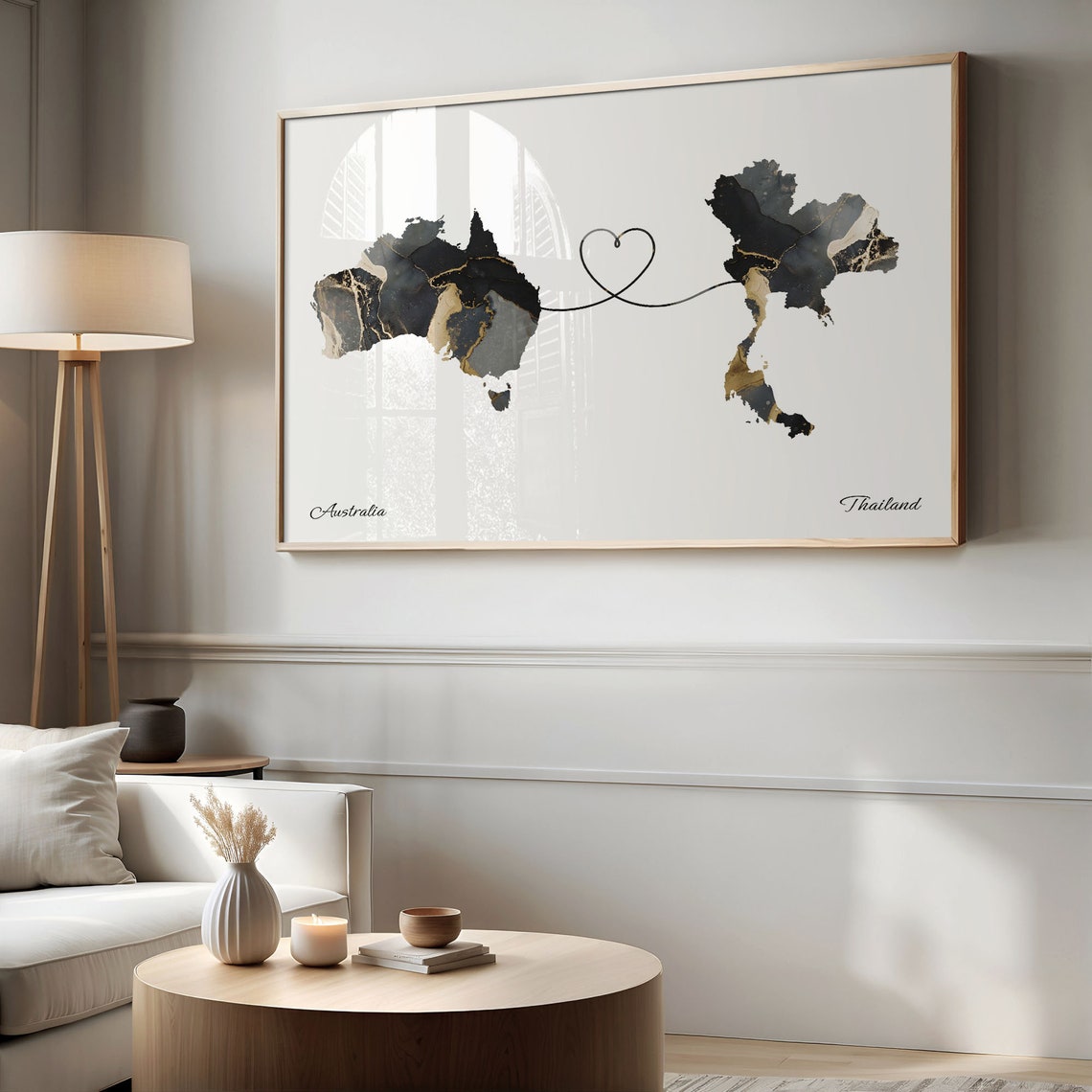 Australia Thailand Long Distance Love Heart Marble Map Gift Poster - Image 2
