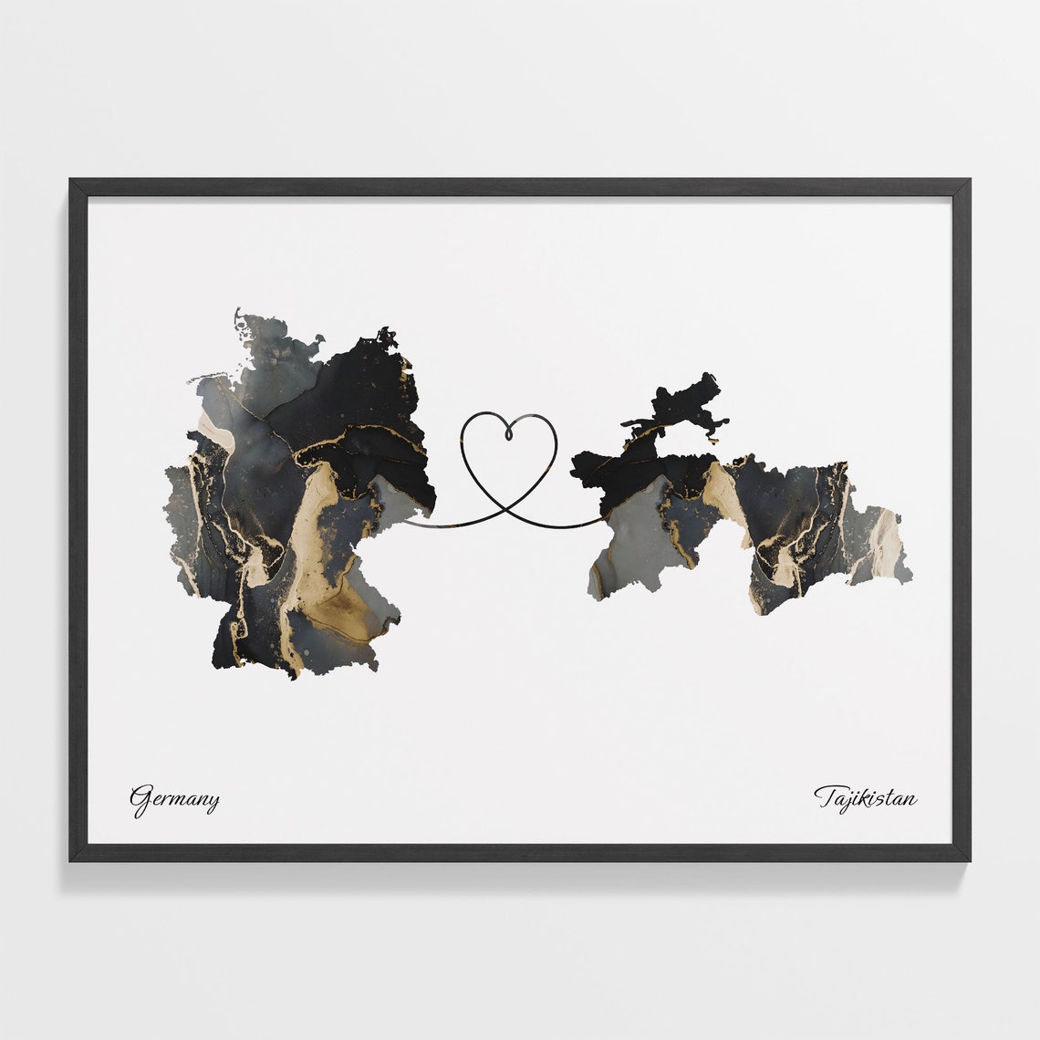 Germany to Tajikistan Black and Gold Marble Two Country Map Poster