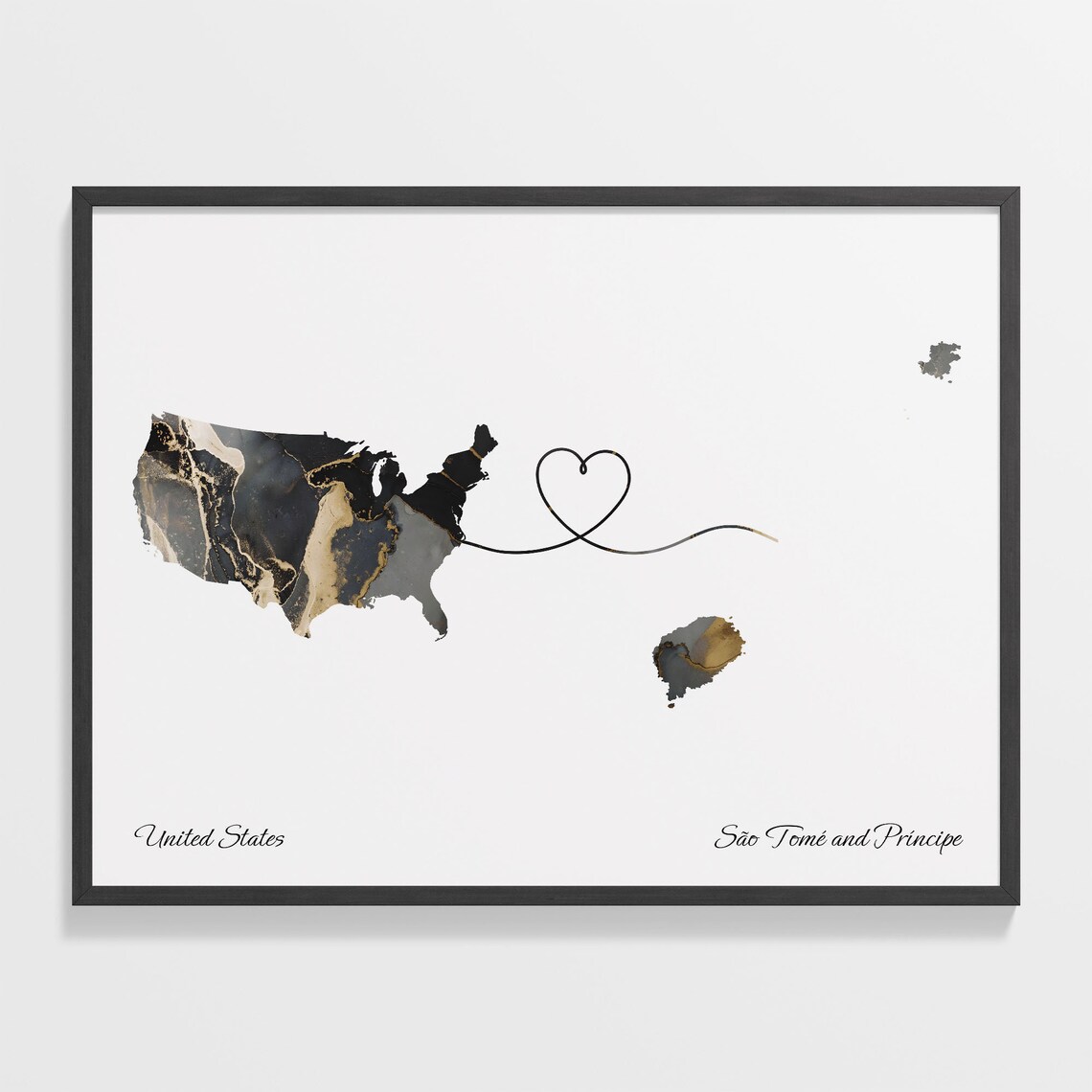 United States to São Tomé and Príncipe Heart Connected Long Distance Marble Map Poster