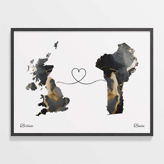 Britain to Benin Heart Connected Long Distance Marble Map Poster