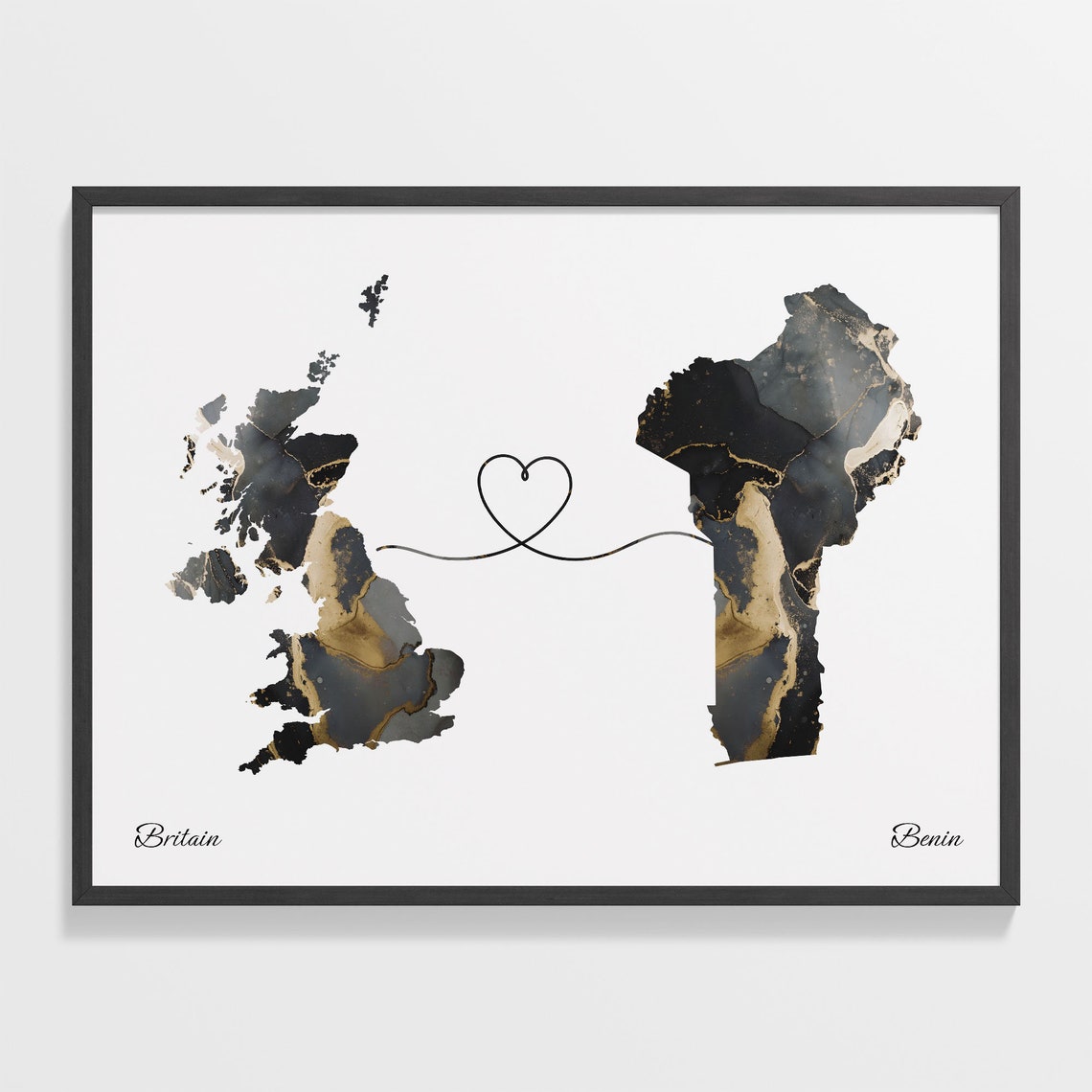 Britain to Benin Heart Connected Long Distance Marble Map Poster