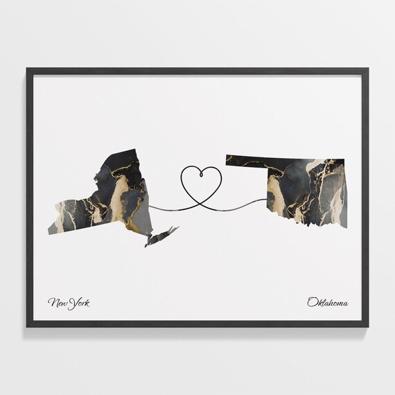 New York Oklahoma Marble State Map Poster Heart Line Moving Gift