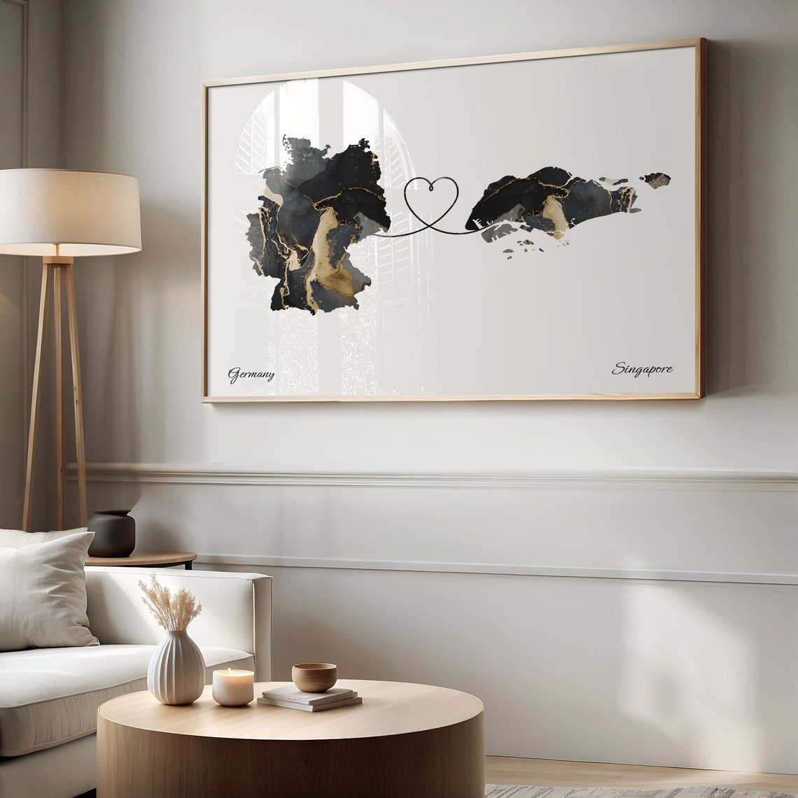 Germany to Singapore Black Gold Marble Heart Connection Map Poster - Image 2