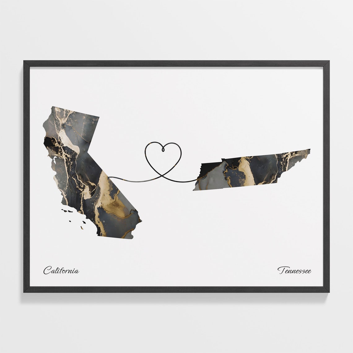 California and Tennessee Black Gold Marble Two State Love Map Poster