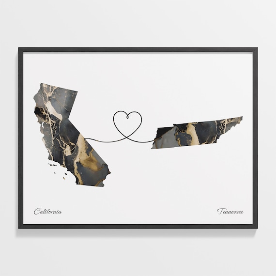 California and Tennessee Black Gold Marble Two State Love Map Poster