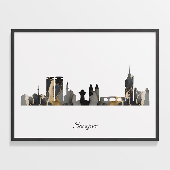 Sarajevo Bosnia and Herzegovina Black Gold Marble Skyline Silhouette City Print