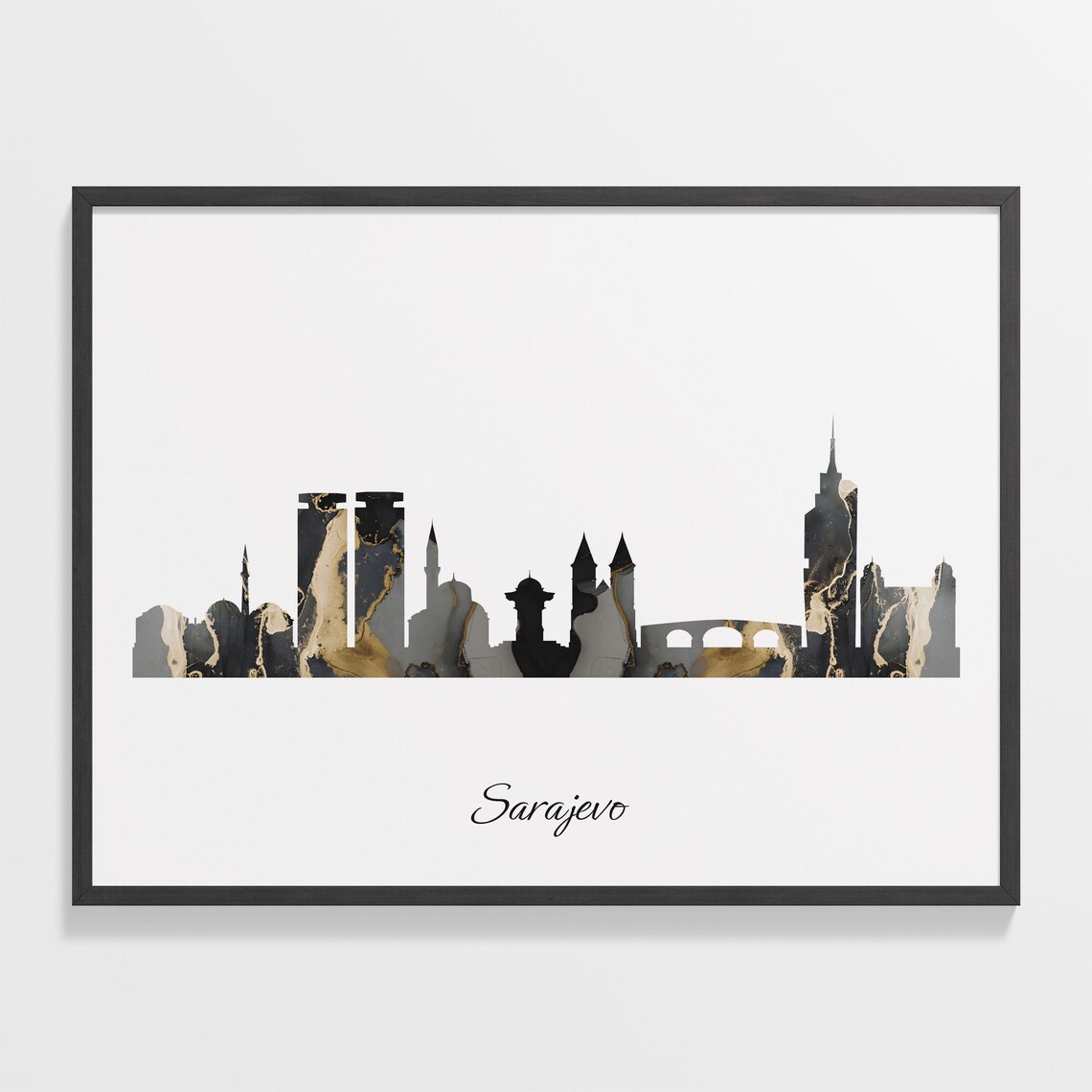 Sarajevo Bosnia and Herzegovina Black Gold Marble Skyline Silhouette City Print