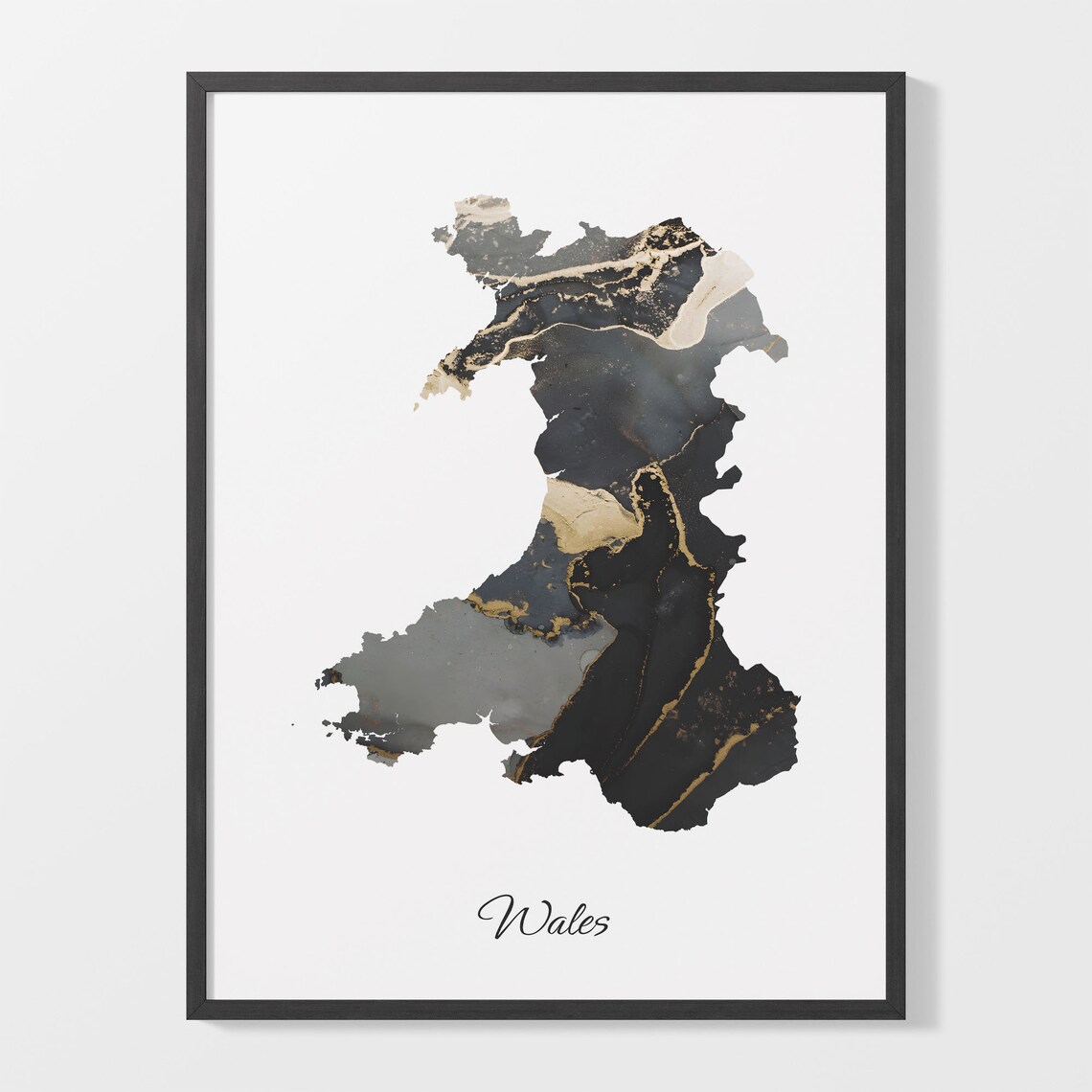 Wales Map Art Print, Elegant Black and Gold Decor