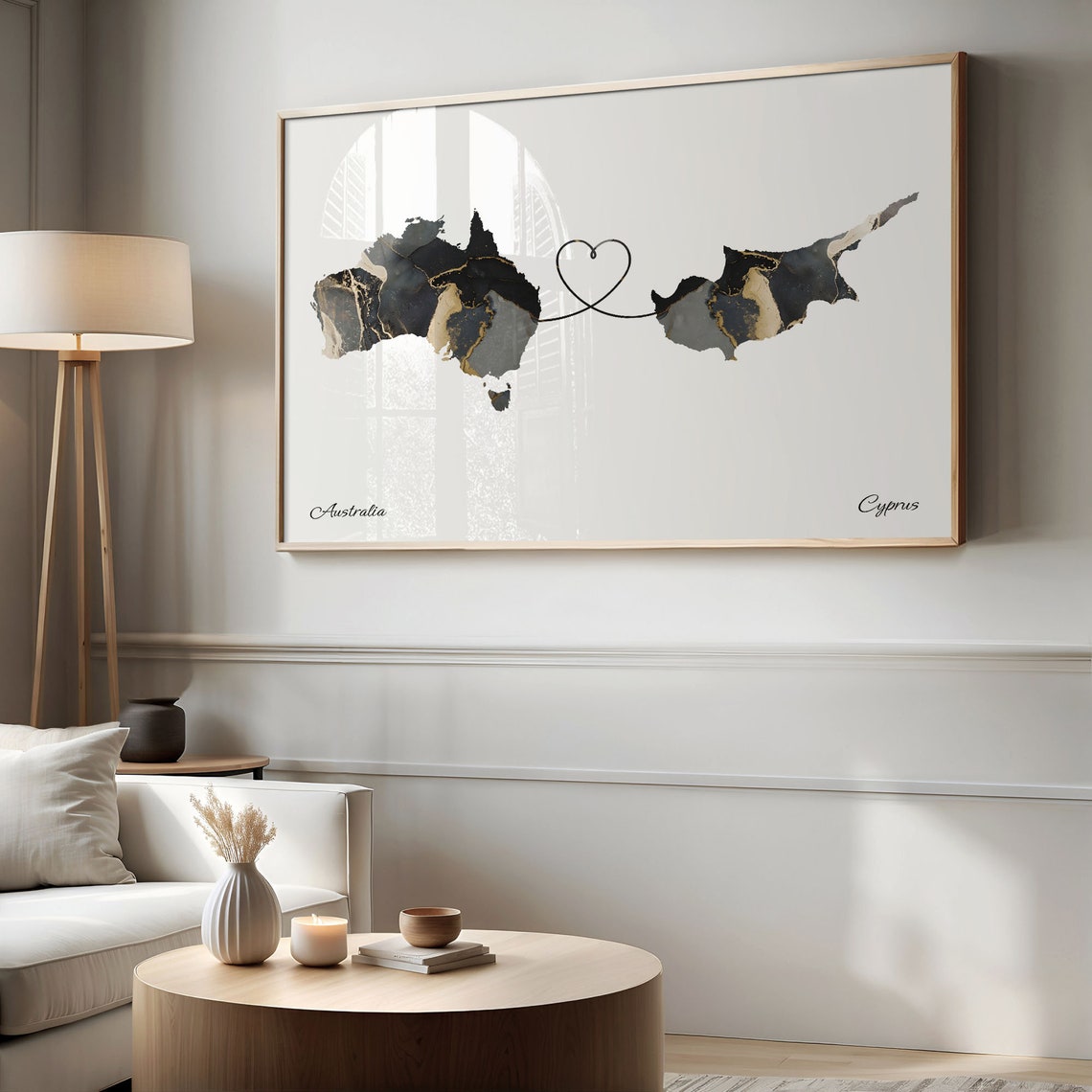 Australia and Cyprus Black Marble Heart Connection Map Poster - Image 2