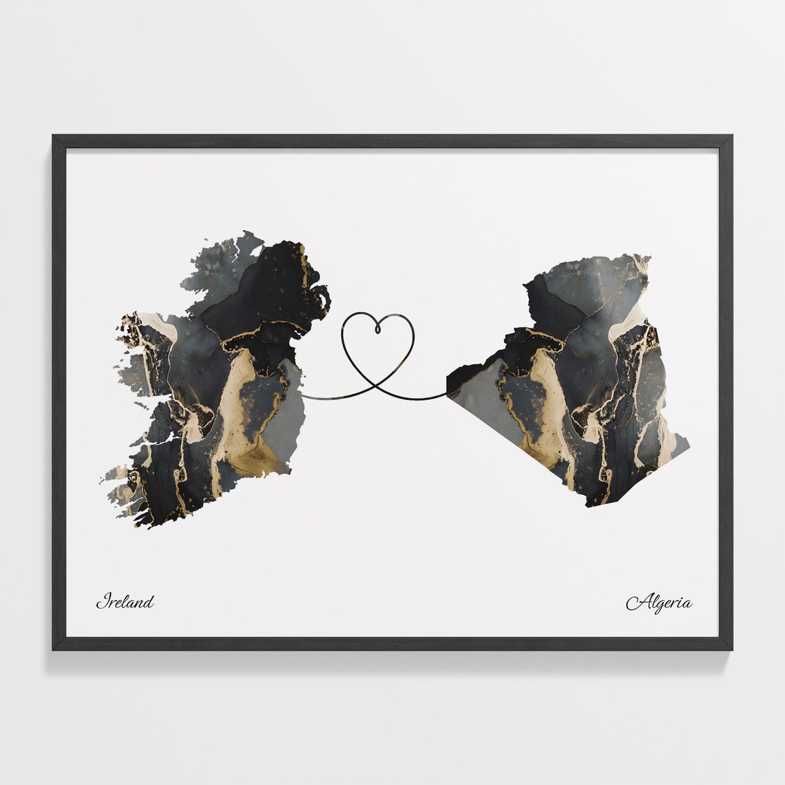 Ireland and Algeria Black Gold Marble Map Heart Connection Poster