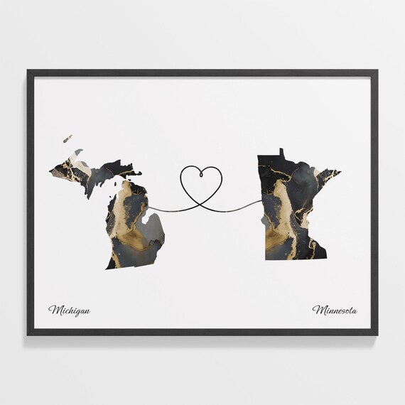 Michigan To Minnesota Marble Map Heart Poster Long Distance Love Gift