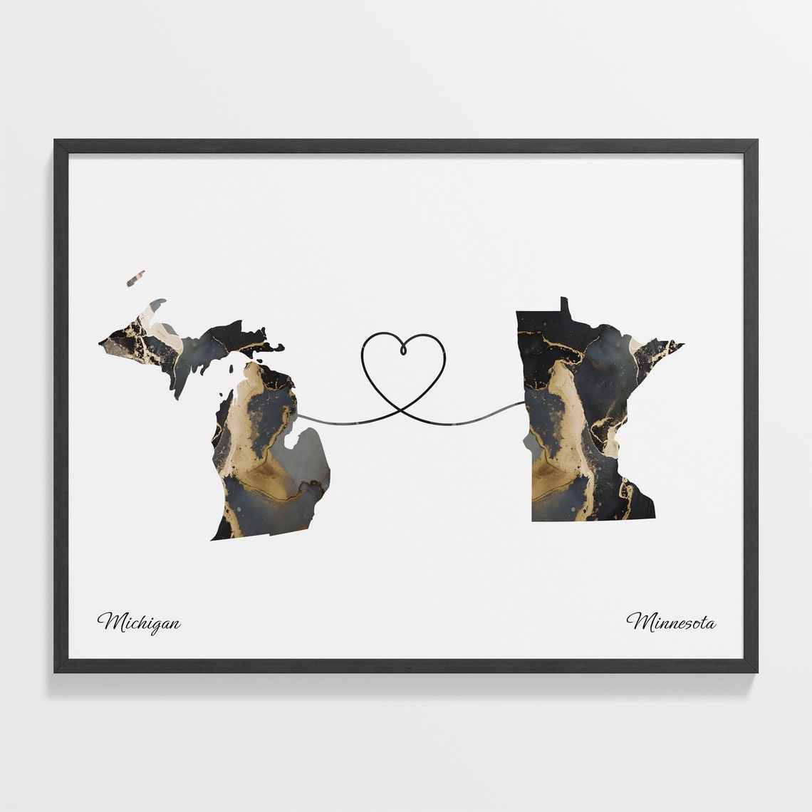 Michigan To Minnesota Marble Map Heart Poster Long Distance Love Gift