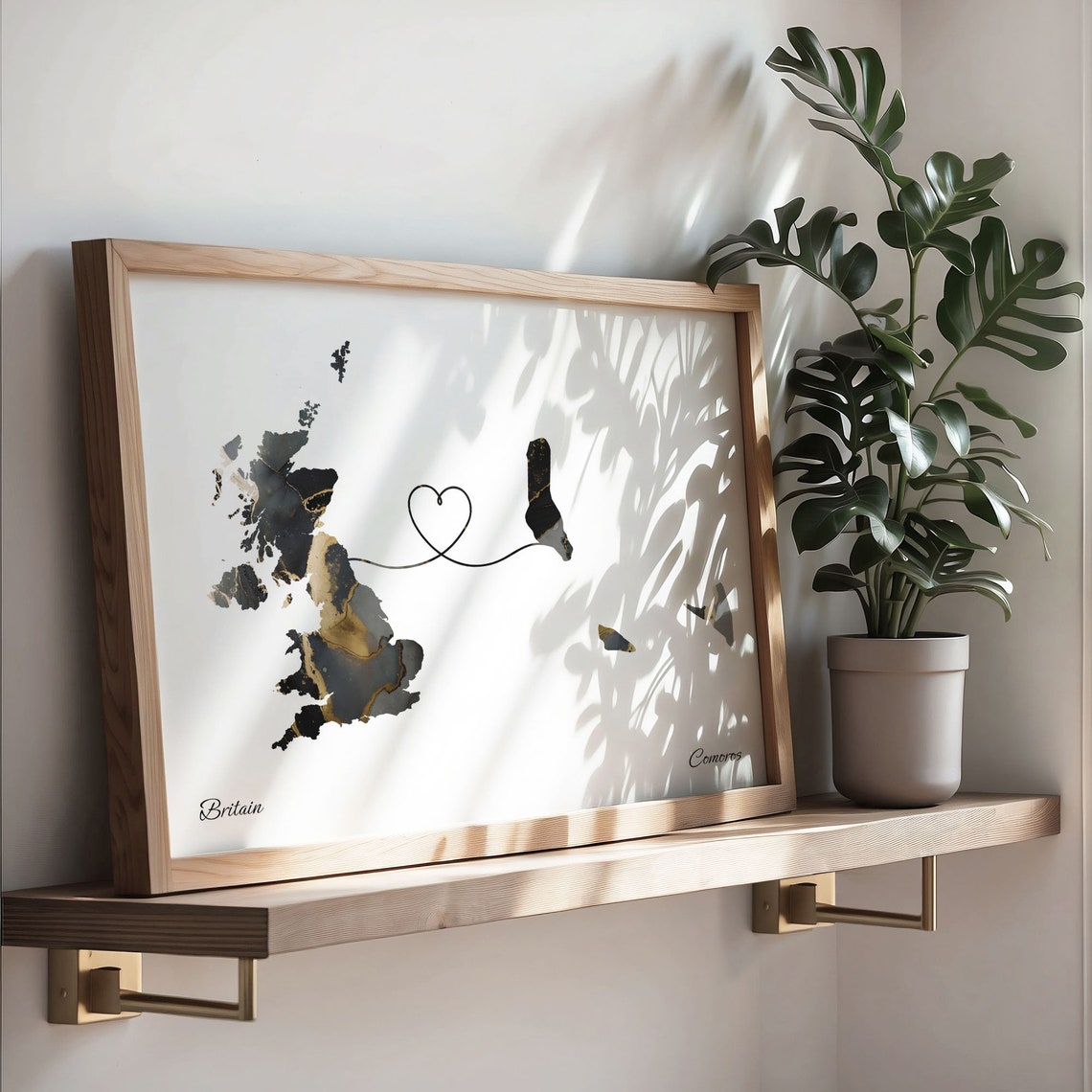 Britain to Comoros Heart Connected Long Distance Marble Map Poster - Image 3