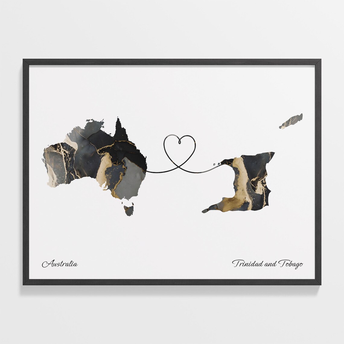 Australia and Trinidad and Tobago Black Gold Marble Map Heart Connection Poster