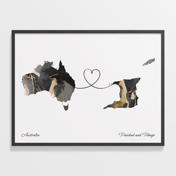 Australia and Trinidad and Tobago Black Gold Marble Map Heart Connection Poster