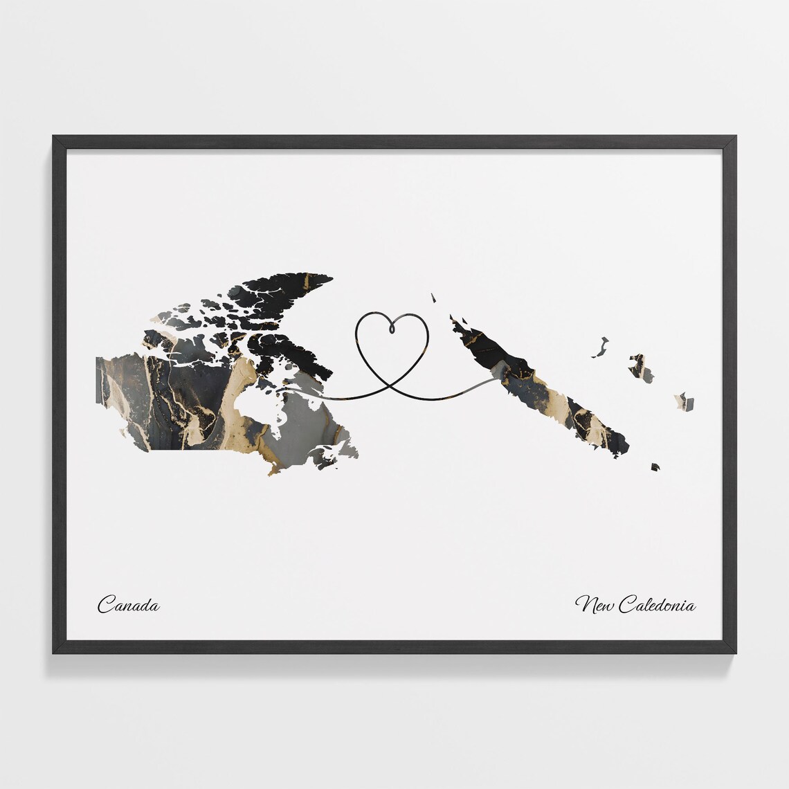 Canada To New Caledonia Marble Heart Map Two Country Long Distance Gift Poster