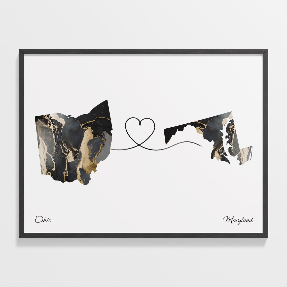 Ohio to Maryland Two State Long Distance Heart Marble Map Poster