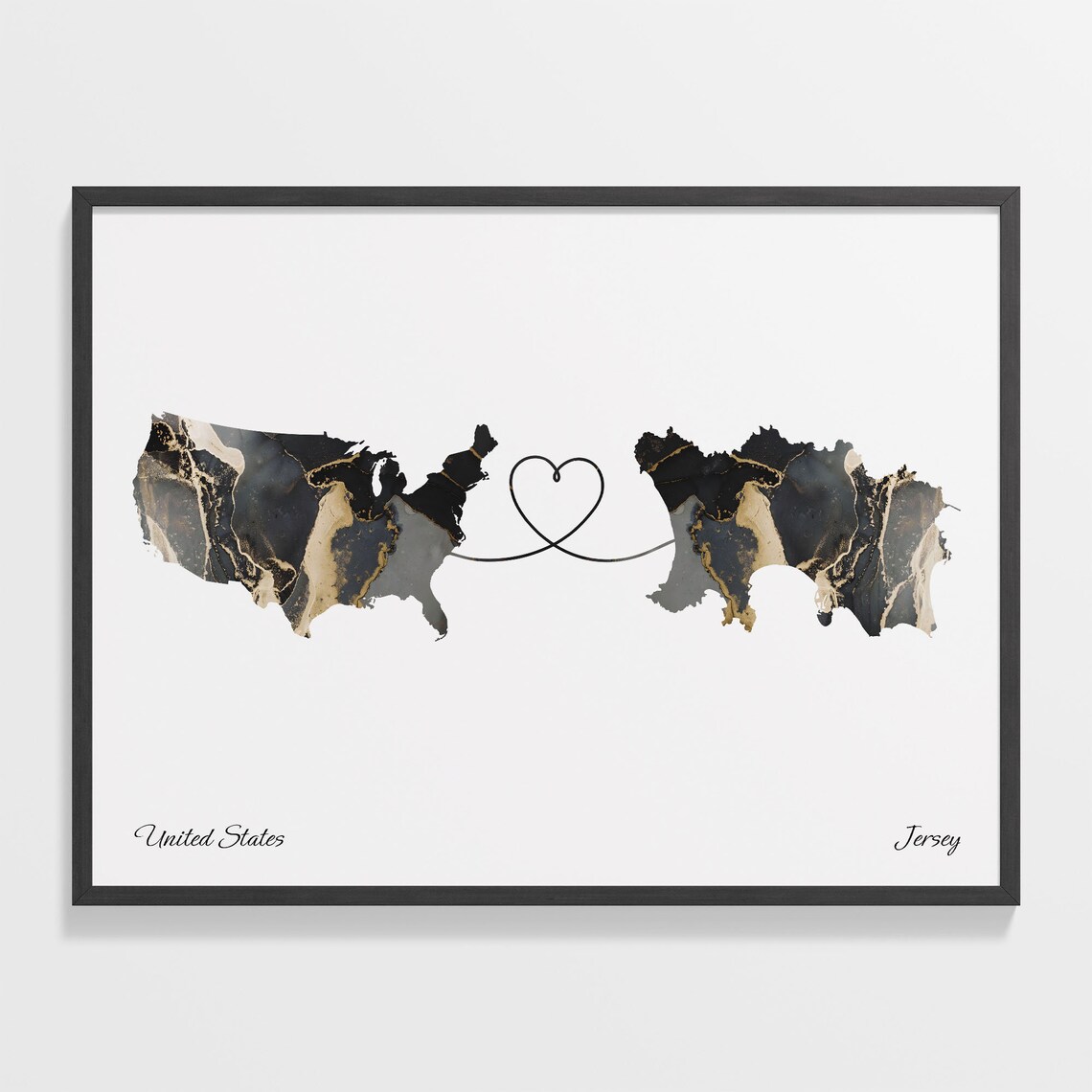 United States and Jersey Marble Heart Map Long Distance Poster