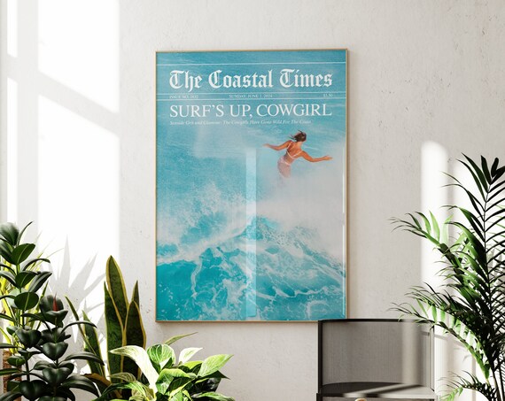 The Coastal Times Surfs Up Cowgirl Newspaper Beach House Wall Poster