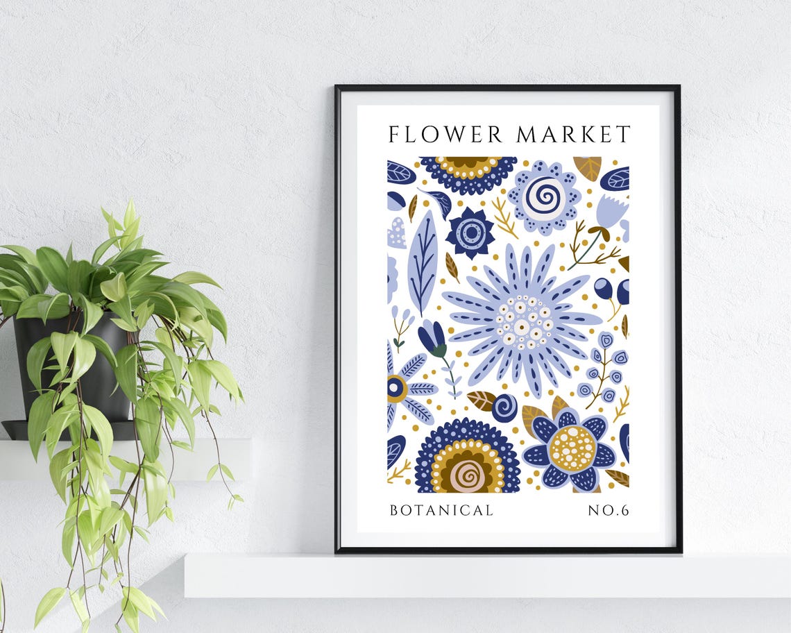Flower Market Blue Gold Abstract Florals Botanical No 6 Poster - Image 2