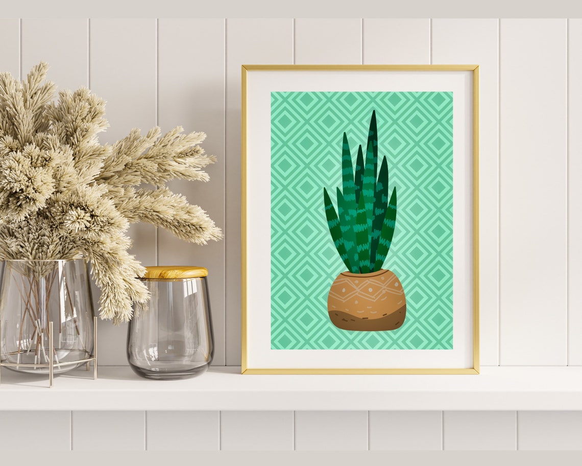 Tall Striped Snake Plant In A Decorated Clay Pot Mint Green Poster - Image 2