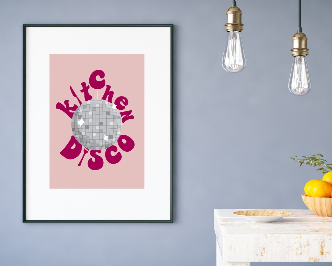 Kitchen Disco Magenta Groovy Disco Ball Retro Pink Kitchen Poster - Image 2