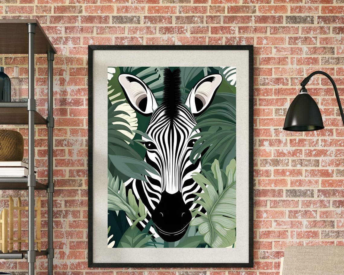 Zebra Face Peeking Through Green Jungle Leaves Animal Poster - Image 3