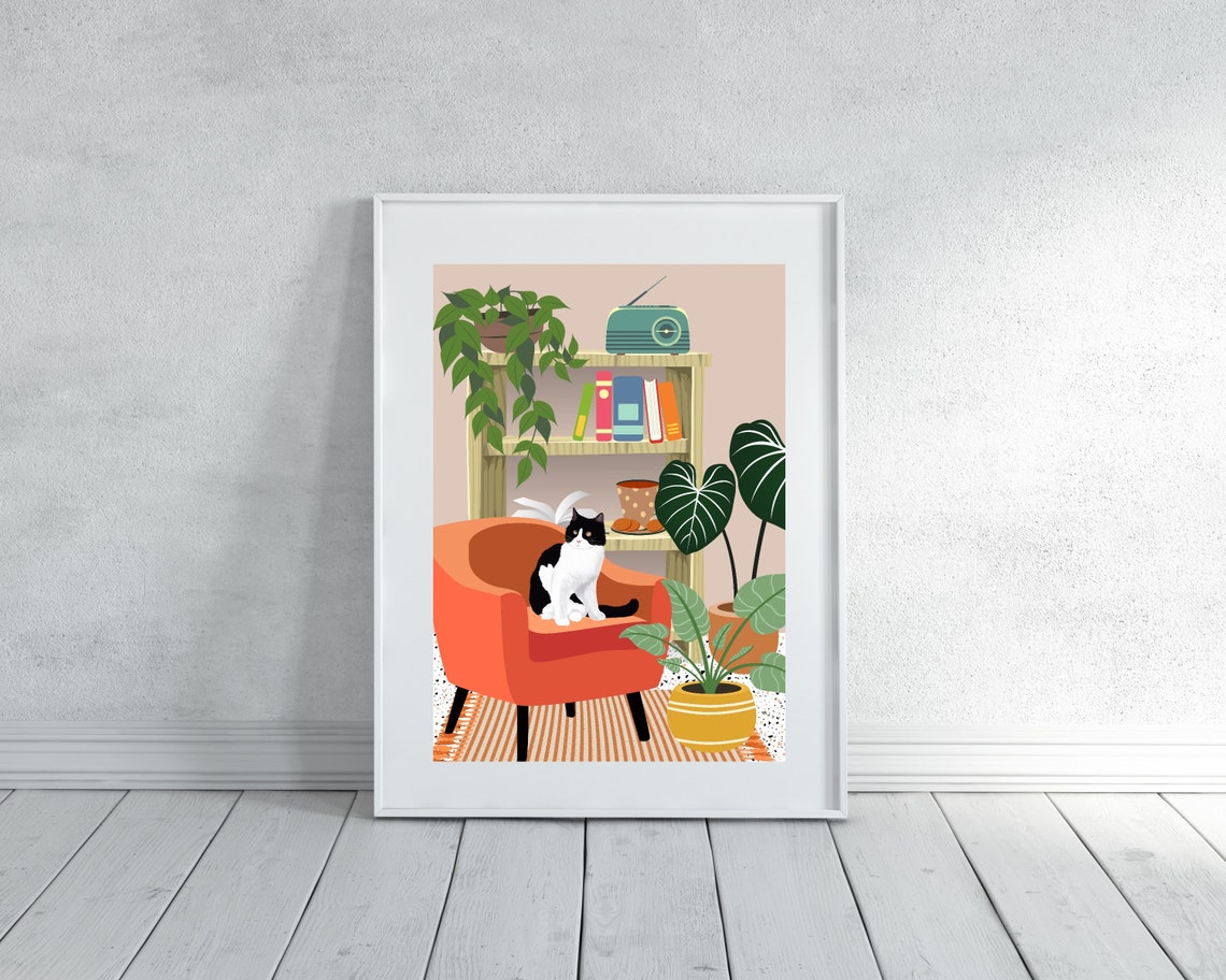 Black and White Cat on Orange Armchair Cute Bookcase Cat Poster - Image 3