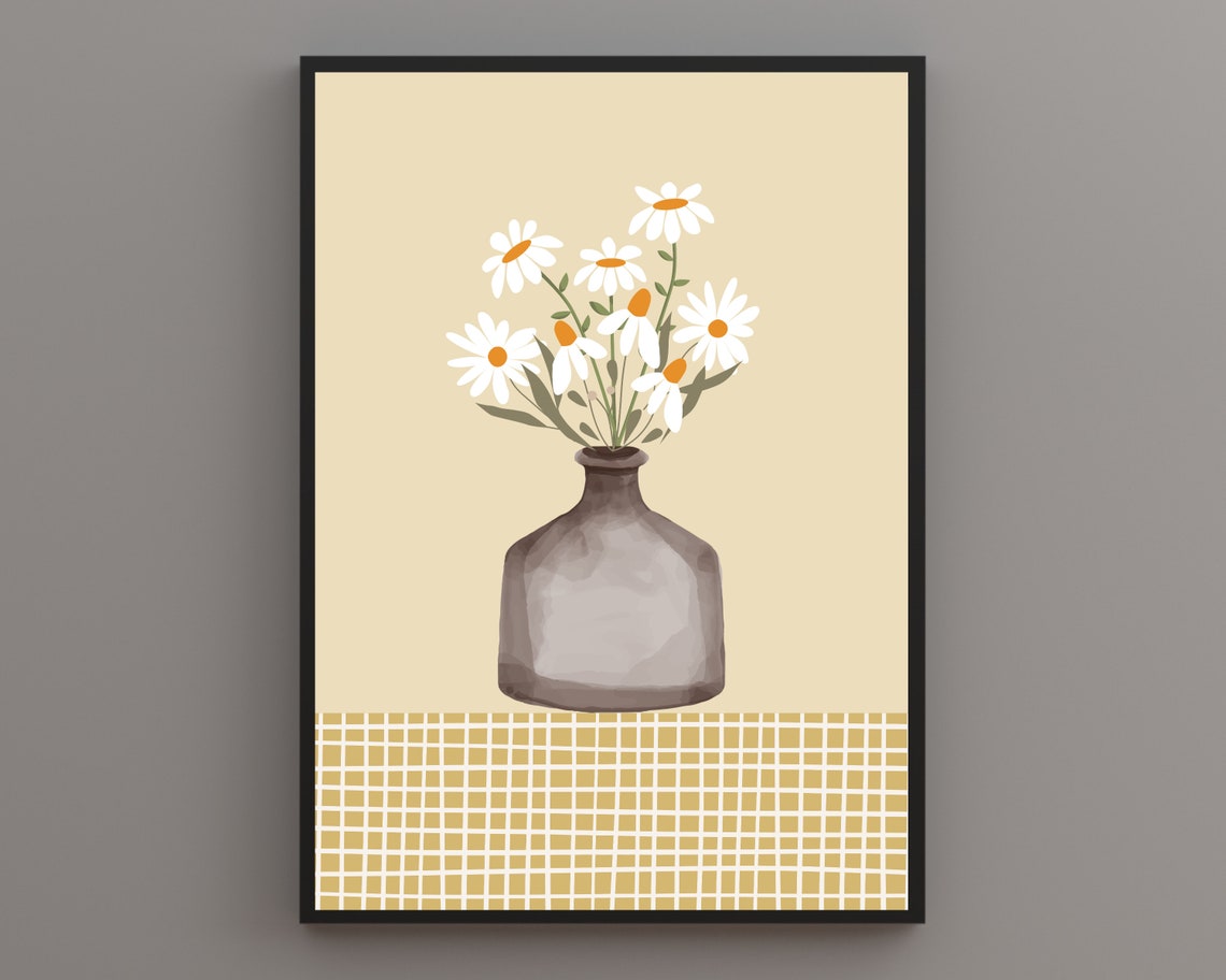 White Daisies In Glass Vase Cream Yellow Botanical Tablecloth Poster