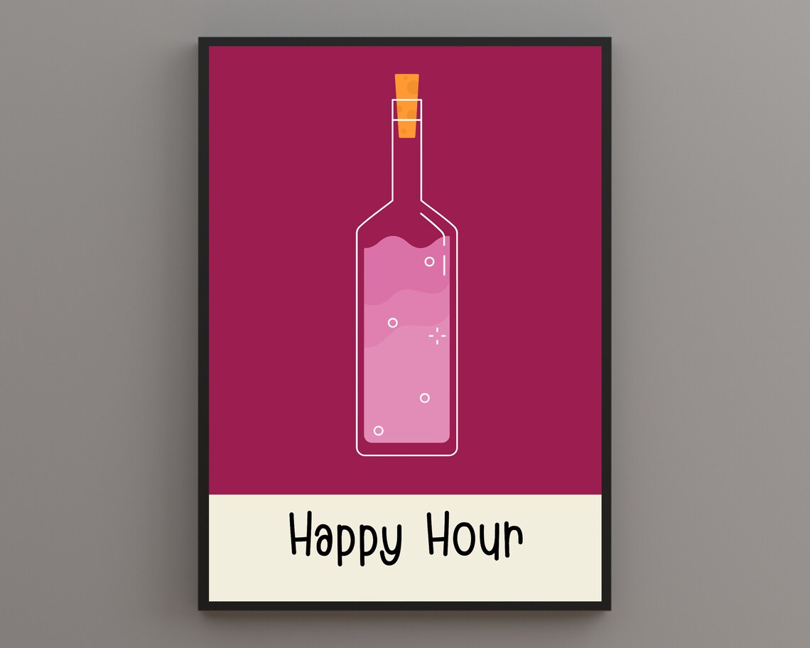 Happy Hour Wine Bottle Magenta Minimalist Bar Wall Decor Poster