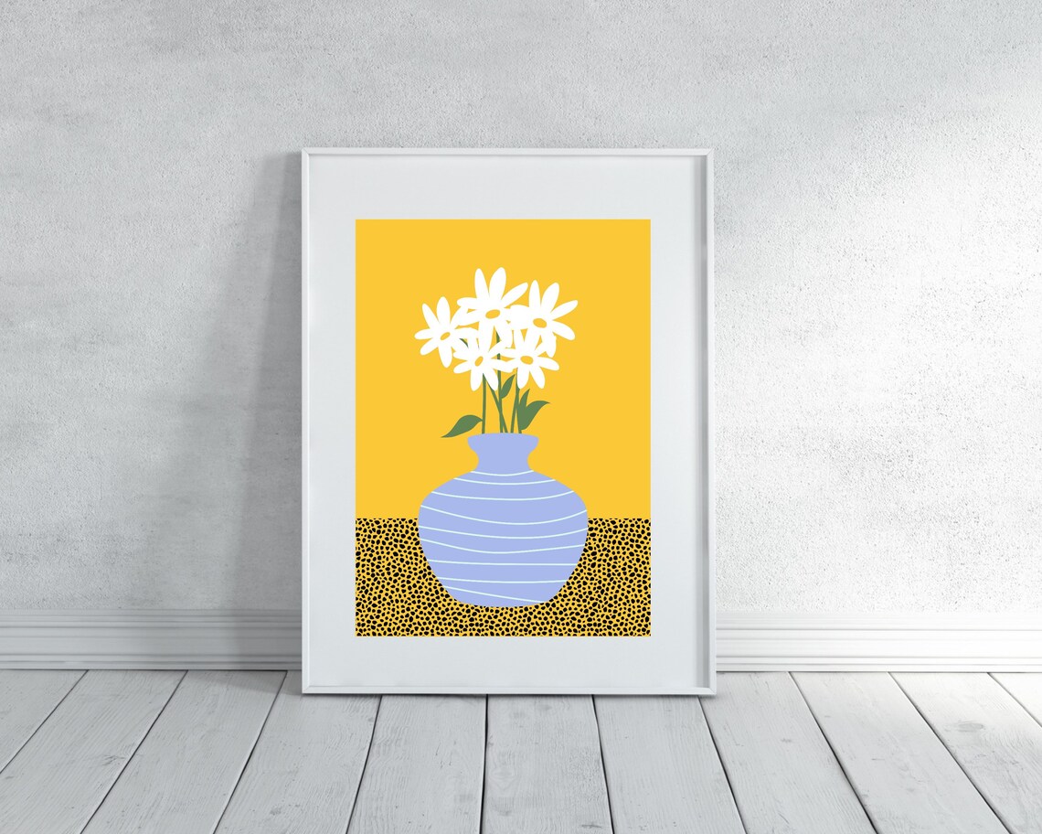 White Daisies In Blue Striped Vase Bright Mustard Yellow Poster - Image 2