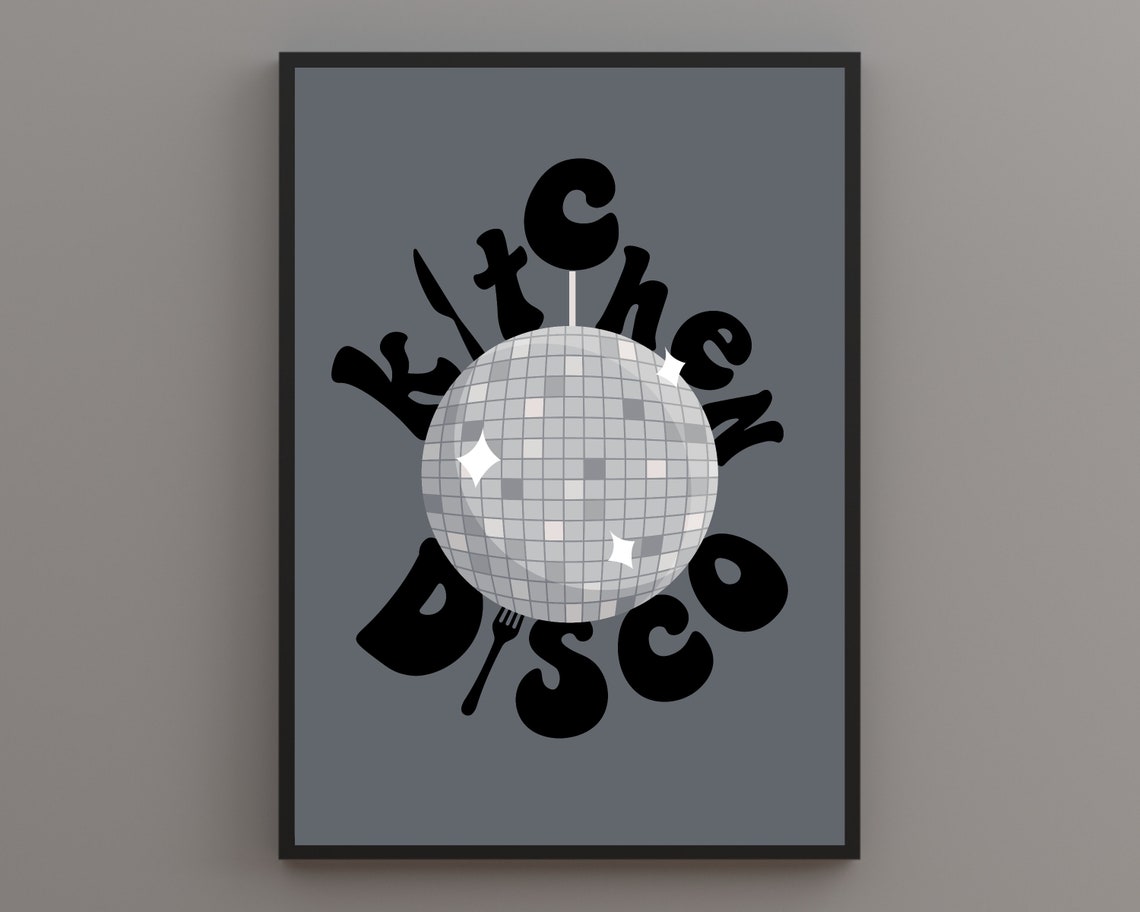 Kitchen Disco Grey Disco Ball Retro Wavy Bubble Lettering Poster