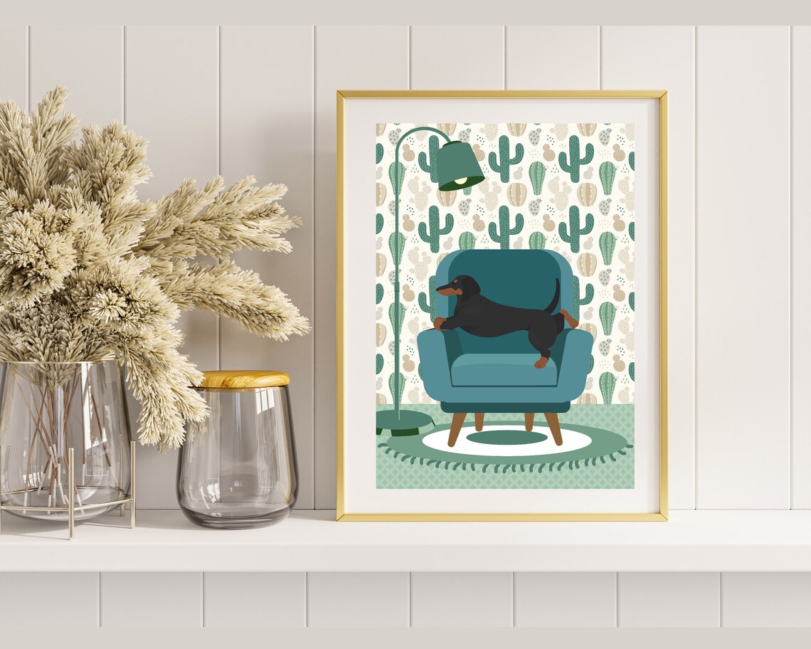 Dachshund Stretching on Teal Armchair Funny Cactus Room Dog Poster - Image 2