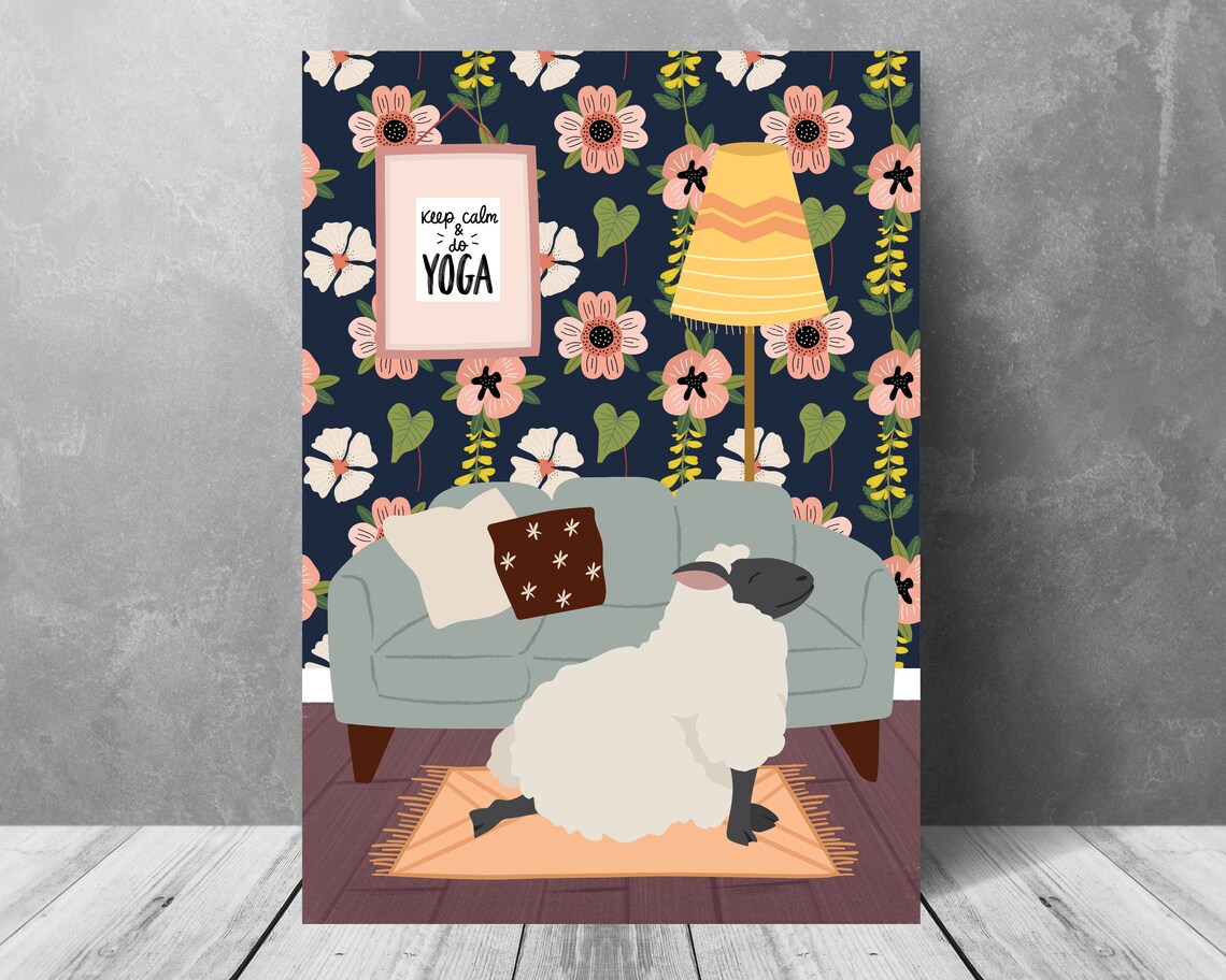 Sheep Sitting by Grey Sofa Funny Navy Floral Yoga Animal Poster - Image 3