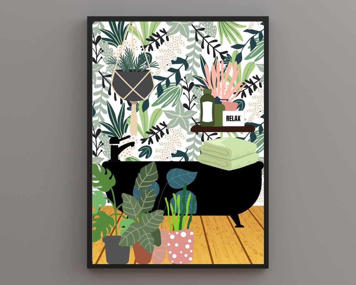 Black Bathtub With Tropical Plants On A Warm Wooden Floor Poster