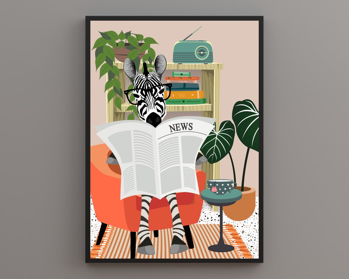 Zebra Reading Newspaper on Orange Chair Funny Spectacle Animal Poster